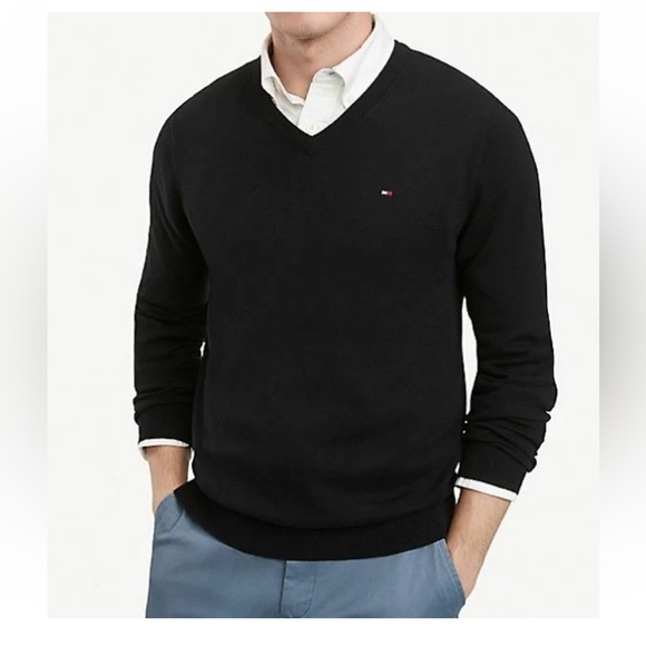 Tommy Hilfiger Sweater Mens 2XL Black Premium Cotton V Neck Embroidered Logo NWT - Picture 1 of 7